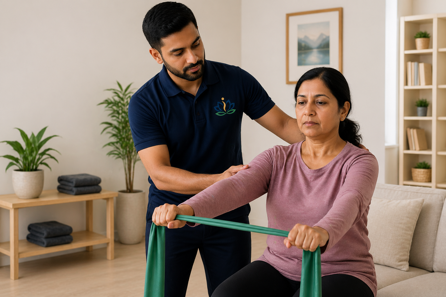 Physiotherapist guiding a patient through resistance band exercises during a home rehabilitation session